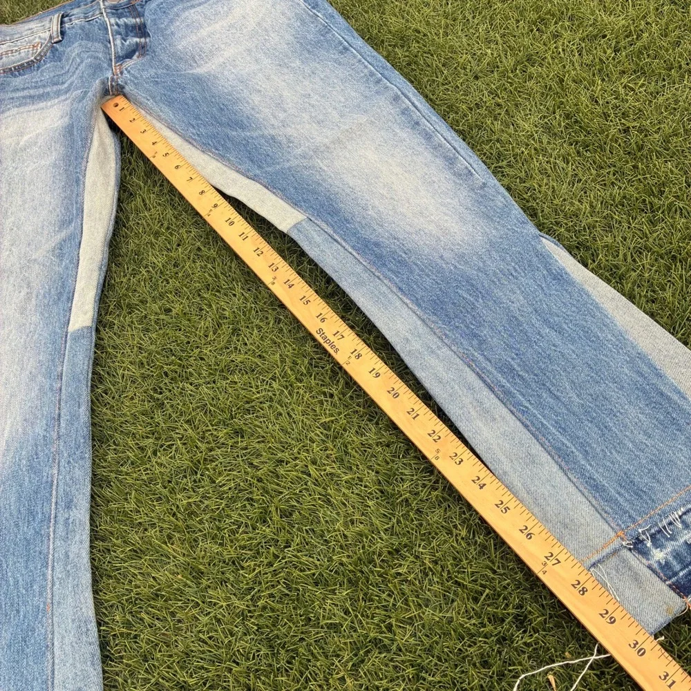 MNML Mens 29x30 Paneled Flare Jeans Light Wash Distressed Blue Cream Streetwear